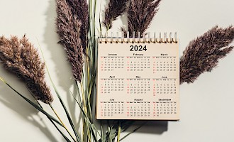 Papierkalender 2024 vor Trockenblumen